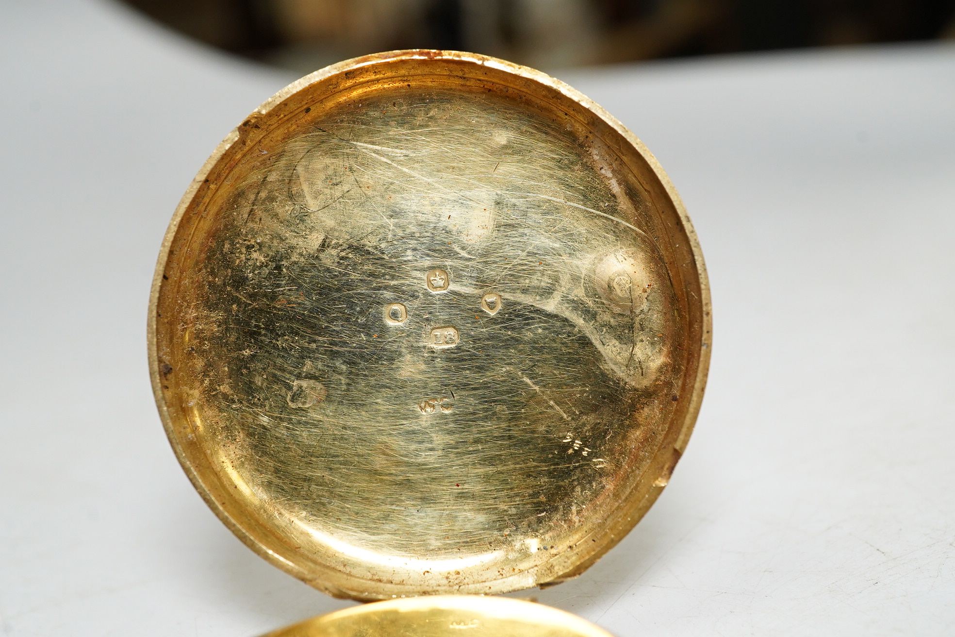 A late Victorian 18ct gold fob watch. Condition - poor